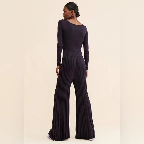 New! Free People Medium Lady Luck Knit Wide Leg Pleated Jumpsuit Purple NWOT - Picture 10 of 14